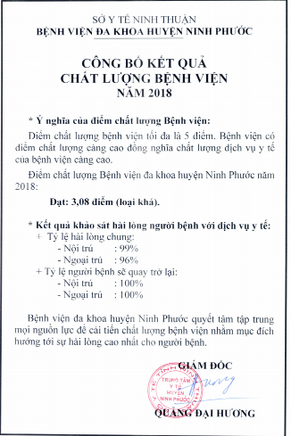 BẢNG CÔNG BỐ KẾT QUẢ CHẤT LƯỢNG BỆNH VIÊN NINH PHƯỚC  NĂM 2018