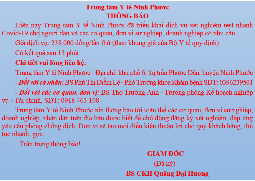 TRUNG TÂM Y TẾ NINH PHƯỚC THÔNG BÁO  XÉT NGHIỆM TEST NHANH COVID 19