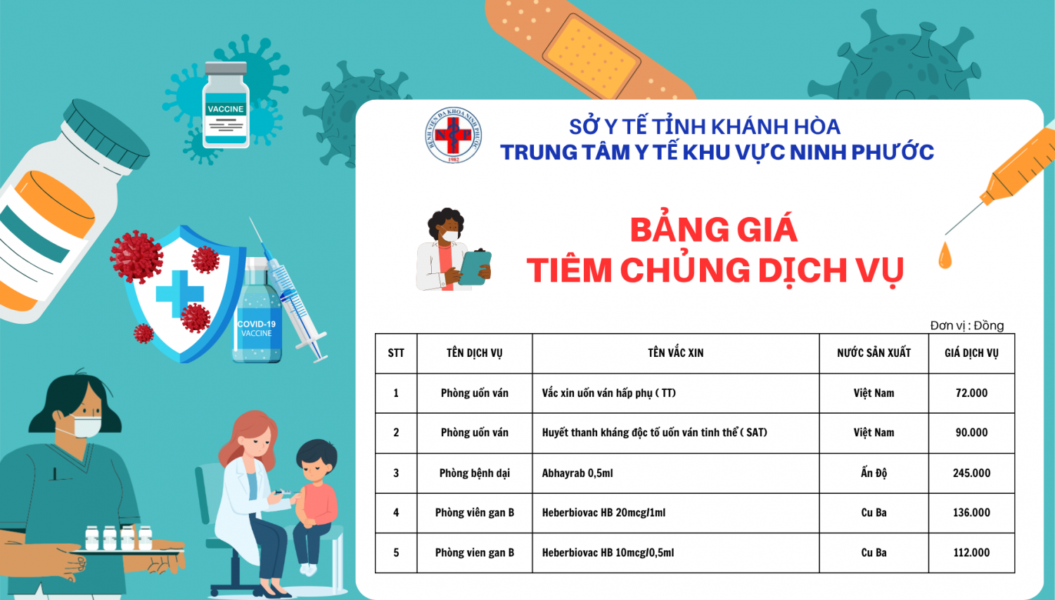 Bảng giá tiêm chủng dịch vụ Trung tâm Y tế Khu vực Ninh Phước
